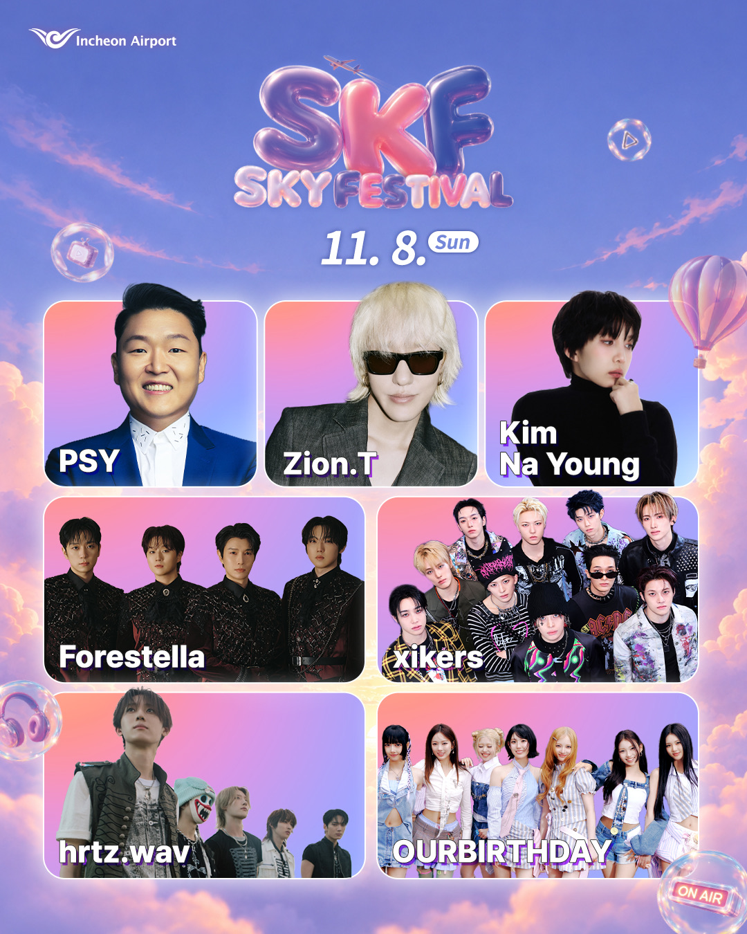 11月8日公式ラインナップポスター。PSY, Zion.T, Kim Na Young, Forestella, xikers, hrtz.wav, OURBIRTHDAY